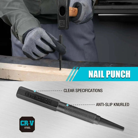 Person using a nail punch from the 18 Piece Punch And Chisel Set For Woodworking And Metalworking Pro Grade Tools For DIYers