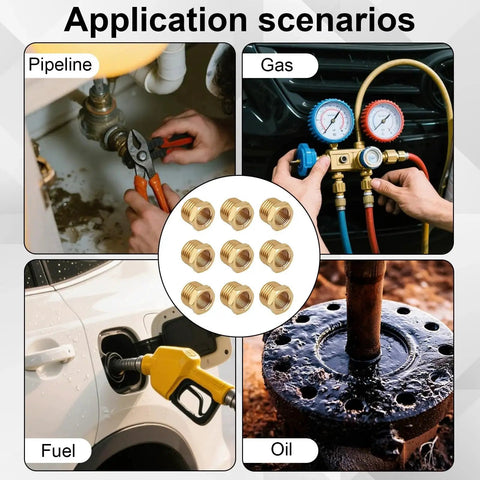 Collage showing Brass Hex Bushing Reducer One Quarter Inch NPT Male To One Eighth Inch NPT Female Pipe Fitting Adapter in various applications
