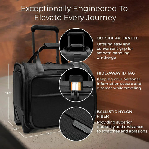 Baseline Carry On Bag With Smooth Roll 2 Wheel Mobility Softside Luggage with handle and ID tag by Briggs and Riley.