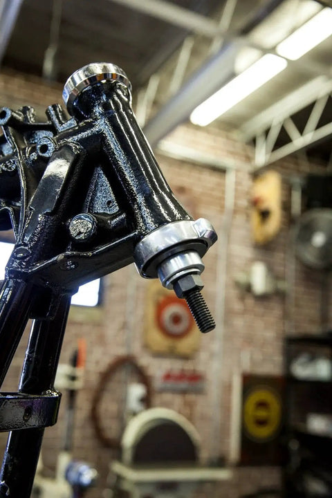 Steering Head Bearing Installer for Harley-Davidson Motorcycles shown installed on bike, ensuring straight, damage-free bearing installation.