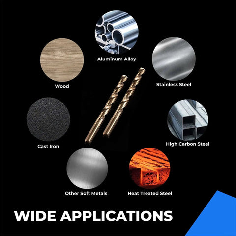 Image showing Two drill bits with material icons including wood, aluminum alloy, stainless steel, cast iron, high carbon steel, and more