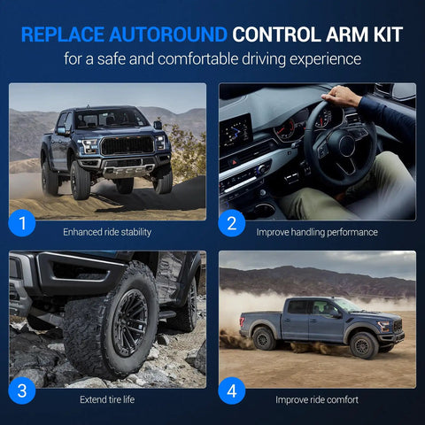 Autoround front suspension kit for Ford 4WD pickups; 4-view collage shows blue exterior and interior steering wheel.