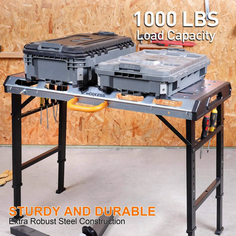 Heavy Duty Welding Table With 1000 Lb Load Capacity, Folding Metal Workbench For Welding, Steel Construction, tools on top.