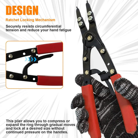 Heavy Duty 10 Inch Spindle Snap Ring Pliers Set With Ratchet Lock for Internal and External Circlips Quick Install and Removal