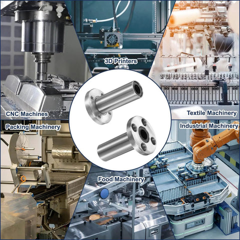 4 Pack LMF10LUU Linear Ball Bearings 10mm Bore Round Flange With Double Side Rubber Seal ABEC3, shown with industrial machines.