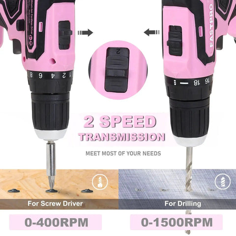 Close-up of Pink 232-Piece Drill Set With 20V Cordless Drill Driver showing 2 speed transmission feature