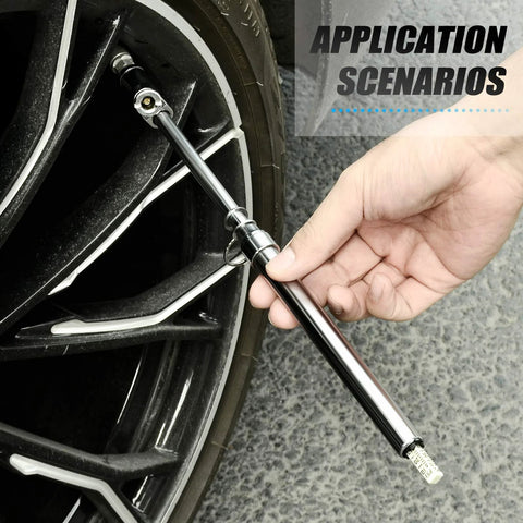 Tire pressure gauge, silver dual-head straight type, held against a car tire valve by a hand
