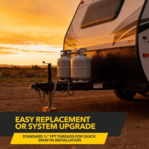 Heavy Duty RV Propane Regulator With 30 PSI High Pressure Output For Campers RVs And Travel Trailers, Delivers 500,000 BTU/hr For Heaters Grills And Big Appliances, 1/4 Inch FPT Inlet And Outlet, Easy Install, GR-630B New Fairview shown installed on RV in sunset setting