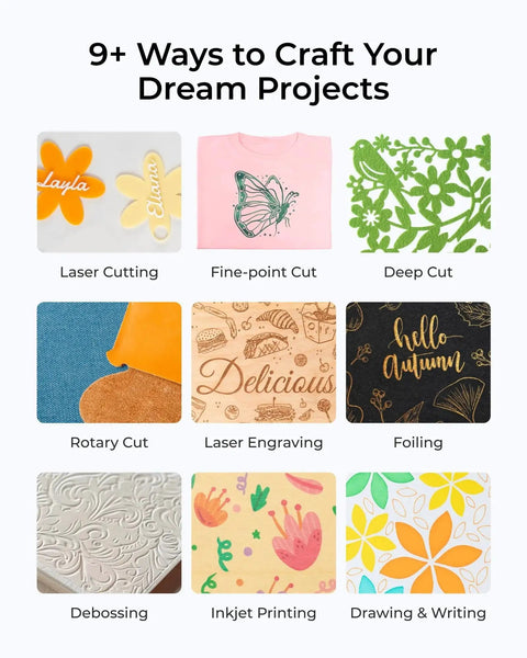 Image displaying 9 crafting methods including laser cutting, fine-point cut, deep cut, rotary cut, laser engraving, foiling, debossing, inkjet printing, and drawing.