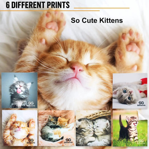 Set Of 6 Microfiber Cleaning Cloths For Glasses, Screens, Lenses And Devices featuring cute kitten designs