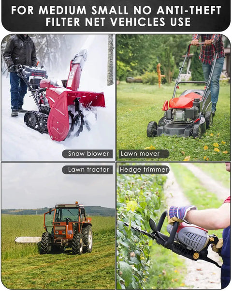 Collage of outdoor equipment: snow blower, lawn mower, lawn tractor, hedge trimmer in various environments.