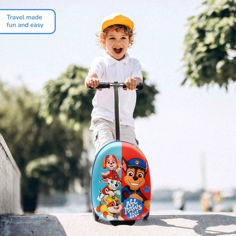 Child on Kids Ride On Suitcase Scooter Luggage With Light Up Wheels And Easy Steering For Toddlers Featuring Paw Patrol outdoors