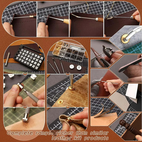 All In One Leather Tooling Kit With Cutting And Engraving Mats for leatherworking, featuring tools for handbag making.