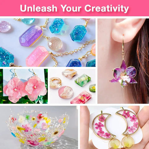 Jewelry made with All In One UV Resin Kit With Light And Molds 300g Crystal Clear Hard UV Curing Premixed Resin, including earrings and keychains.