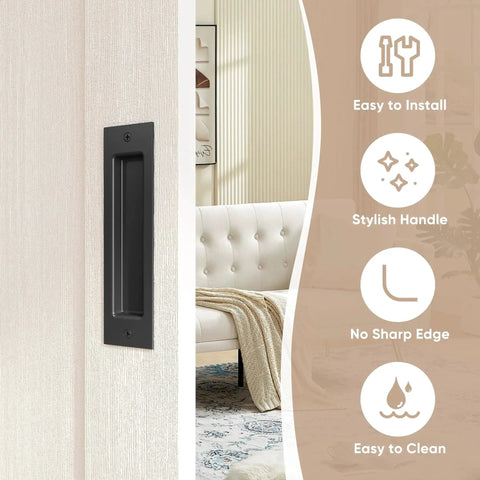 8 Inch Flat Black Barn Door Finger Pull Handle Sliding Door Hardware Solid Heavy Duty Recessed Door Handle Flush Mount installed view