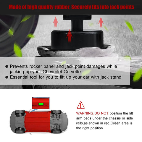 Corvette Lift Pucks 4 Pack Jack Pads Lifting Point Adapters for C5-C8, shown in use on lifting point with warning diagram