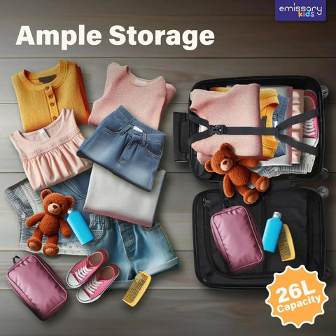 Unicorn Princess Themed Kids Luggage Set For Girls with Matching Backpack showing ample storage with clothes, teddy bear, and accessories.