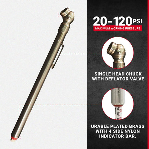 Milton S-925 pencil tire pressure gauge, brass body, angled side view with single head chuck and built-in deflator valve