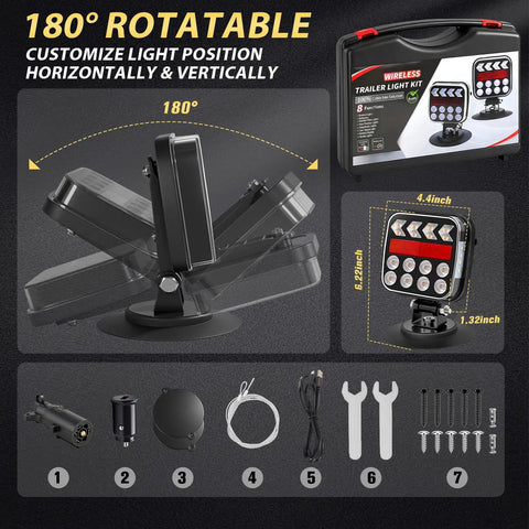 Wireless trailer light kit with magnetic 180° adjustable LED taillights; rechargeable, waterproof 2-pack