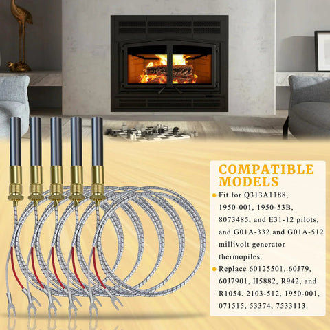 Five 36in thermopile sensor set with brass fittings and braided cables for gas fireplaces