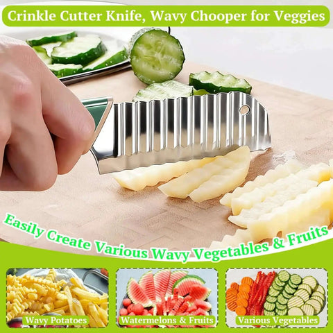 Person slicing potatoes with Crinkle Cut Knife For Veggies And Potatoes Suuker Stainless Steel 304 Wave Fries Cutter With Ergonomic Handle.