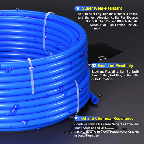 Blue polyurethane air hose coil, 6mm OD, 4mm ID, 10 m length, bound with white zip ties