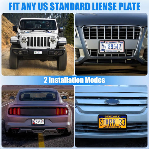 Two Pack Black License Plate Frames And Protectors By RYHYC Front And Rear Car Plate Holder With Screw Caps Kit Anti Fade Anti Corrosion Rustproof Shield Keeps Plates Clean And Stylish Dope shown on various vehicles with US standard plates.
