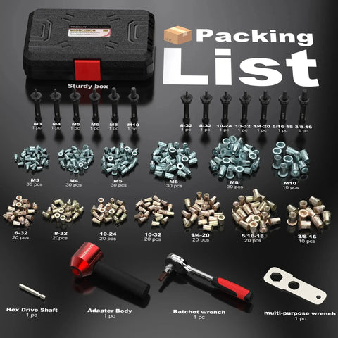 Rivet Nut Drill Adapter Kit With 290 Rivet Nuts And 13 Mandrels includes metric and inch sizes, tools, and case shown