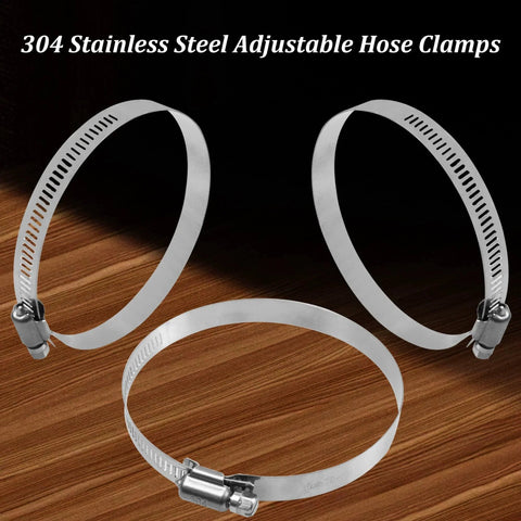 6 Pack Adjustable 3.5 Inch 304 Stainless Steel Hose Clamps Worm Gear Duct Clamp For Air Ducting Automotive Plumbing And Mechanical Applications Fits Three To Four Inch Hoses 78 To 101 Mm shown on wooden surface