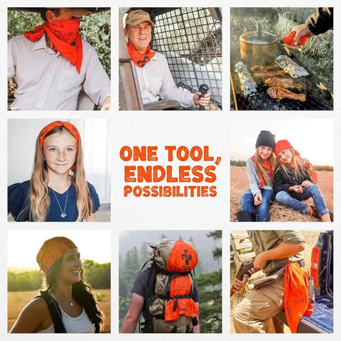 Collage of people using an orange versatile triangular bandage in various situations, including as a headband, scarf, and outdoor tool.