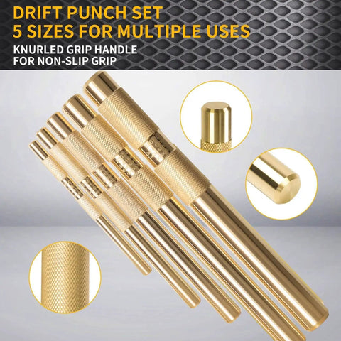 Five Piece Brass Punch Set For Non Marring Removal And Repair With Pins In One Quarter, Three Eighths, One Half, Five Eighths And Three Quarters Inch Pins, Pin Drive Design, Durable Brass Construction For Delicate Components, Replacement Part 67003-MAI with knurled grip detail