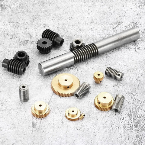 Beefy 1045 Steel Worm Gear Set With 20 Teeth 1.25 Module One To Twenty Reduction shown with various gear components for small machinery.