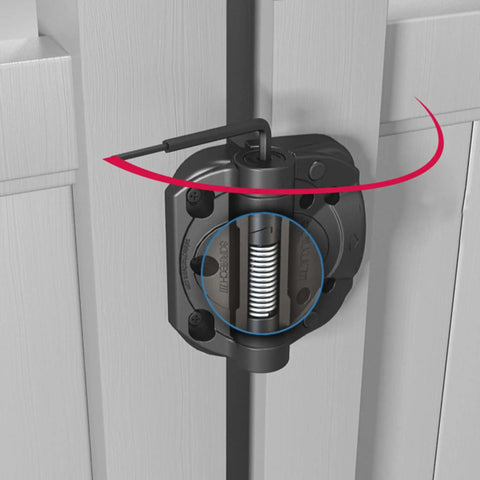 Close-up of Heavy Duty Self Closing Gate Hinges With Adjustable Tension Springs For Square Post Vinyl PVC And Wood Pool Safety Hinge Built To Last With Swing Close 185 Pound Rating SHC135 Black Safetech installed on a gate.