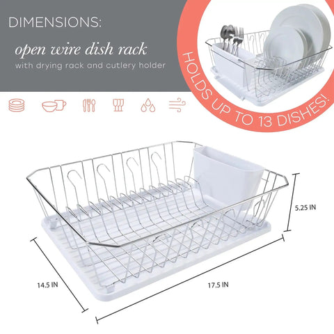 3 Piece Dish Rack Set With Cutlery Basket And Drainboard Tray Self Draining Open Wire Countertop Drying Rack In Chrome White