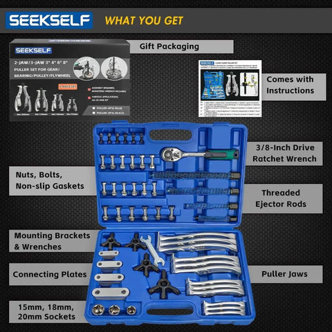 Heavy Duty Gear Puller Set With 2 Jaw And 3 Jaw Options, Ratchet Wrench And Sockets, Reversible Jaw With 15mm, 18mm, 20mm Sockets