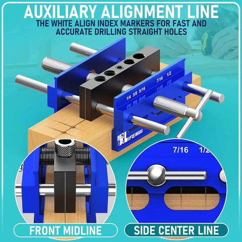 Upgraded 6.7 Inch Self Centering Doweling Jig Kit on wood with alignment line, adjustable width, sturdy steel clamp, bushings visible