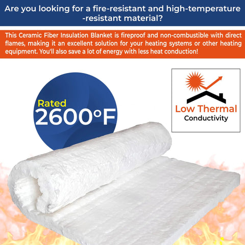 Ceramic fiber insulation blanket, 1 in thick x 24 in x 12 in, white, rated 2600°F for kilns and furnaces