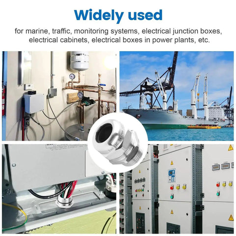 Two Pack Stainless Steel IP68 Waterproof Cable Gland With Adjustable Locknut And Gaskets shown in various industrial applications.