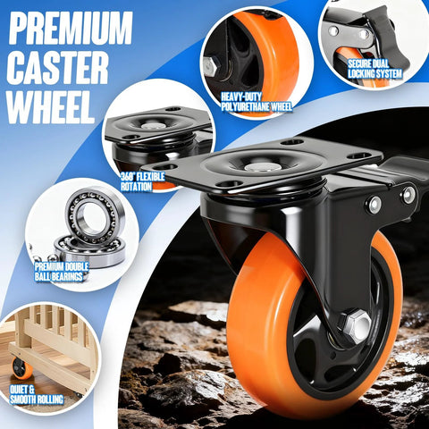 4 Inch Caster Set Of 4 Dual Locking PU Casters With 2400Lb Capacity showing orange wheel, steel construction, locking system