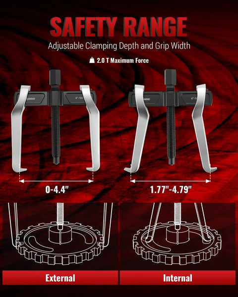 Two Jaw Reversible Gear Puller Set for external and internal removal, adjustable clamping depth, CR-V steel for automotive repairs
