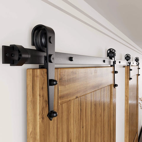Black Rustic Sliding Barn Door Hardware Kit For Two Doors 13 Foot Flat Track System With Arrow Design Rollers on wall