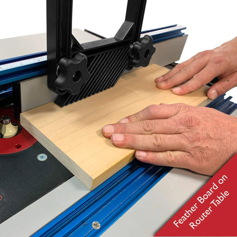 Hands using 4 Piece Woodworking Safety Kit With Magnetic Push Stick, Straight And Angled Push Blocks, And Table Saw Feather Board For Router Tables, Jointers And Band Saws, Boost Safety And Reduce Kickback For A Safer Smoother Shop Experience on a router table.