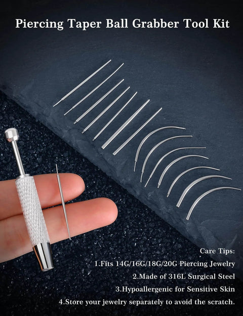 Pro Piercing Taper Kit With Ball Grabber Tool Stainless Steel threadless insertion pins and tapered tools for body piercing