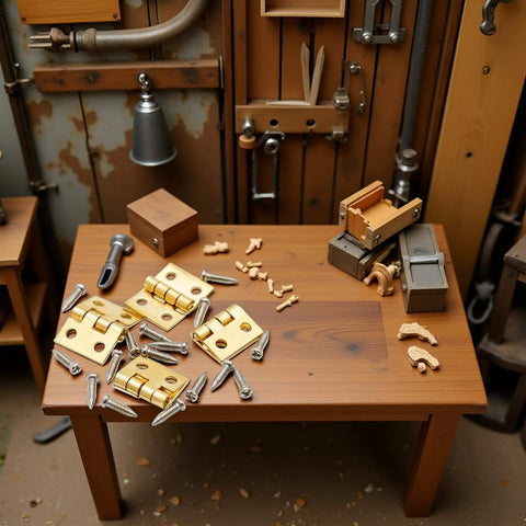 Miniature Door Hinges Set For Dollhouse 1/12 Scale With 4 Hinges And 16 Screws on wooden table with tools.
