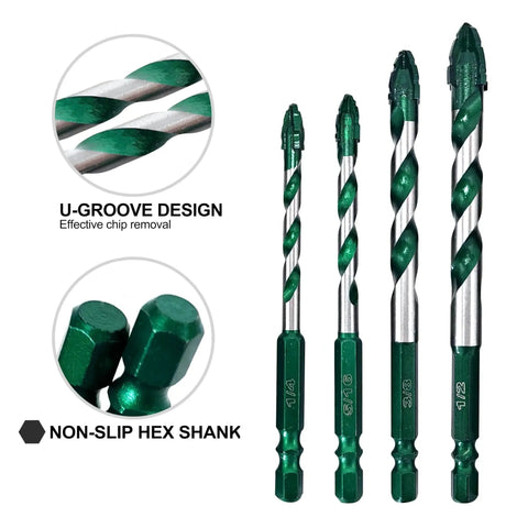 Serrated Eccentric Masonry Drill Bit Set 10pcs Four Edge Concrete Drill Bits includes hex shank details and U-groove design.