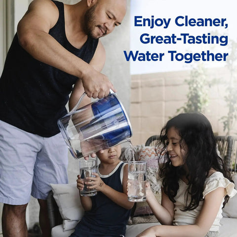 Man pouring water into glass using Plus Water Filter Replacement Pitchers And Dispensers 6 Month Supply 3 Count