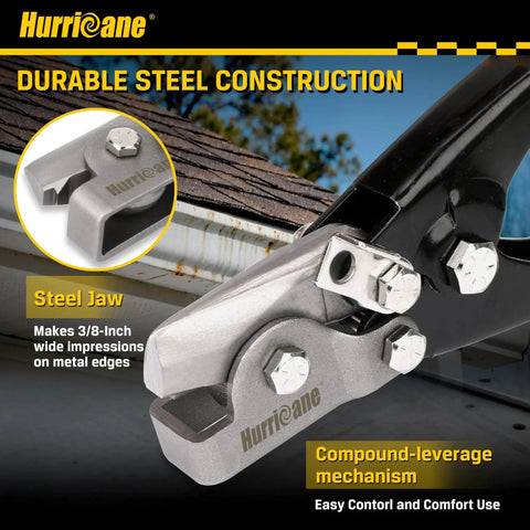 Close-up of Ready to Use Three Eighths Inch Impression Crimping Tool for Gutter End Caps and Sheet Metal Crimping, Works With Aluminum and Vinyl Siding and HVAC Duct, Snap Lock Punch Tool by Hurricane against a metal roof background.