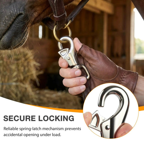 Heavy Duty Bull Snap Hook With Eye Bolt Marine Clip For Boats Trailers And Cargo shown in use with horse tack