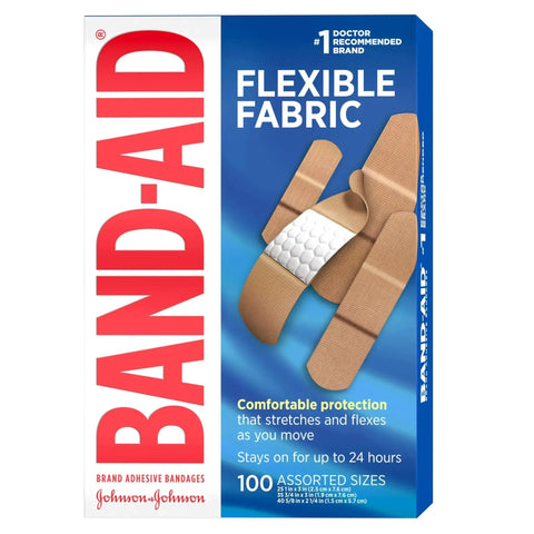 Flexible Fabric Adhesive Bandages For Wound Care And First Aid Assorted Sizes 100 Count Band Aid Brand Memory Weave Fabric box