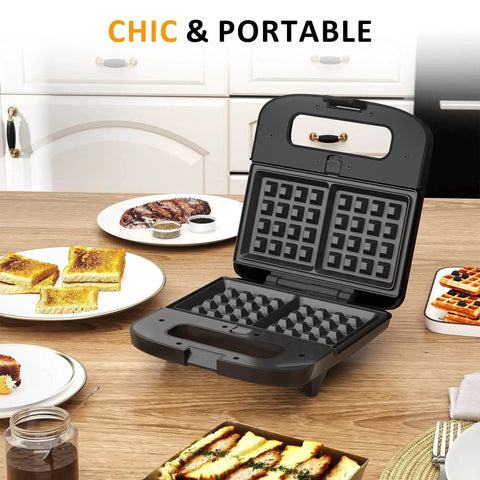 3 In 1 Waffle, Grill And Sandwich Maker With Removable Nonstick Plates, indicator lights, compact black design on kitchen counter